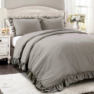 NWT Ruffle Duvet Cover Set King 3 PCs 100% Washed Cotton Gray Solid Bedding
